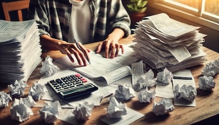 Stacks of receipts and a calculator